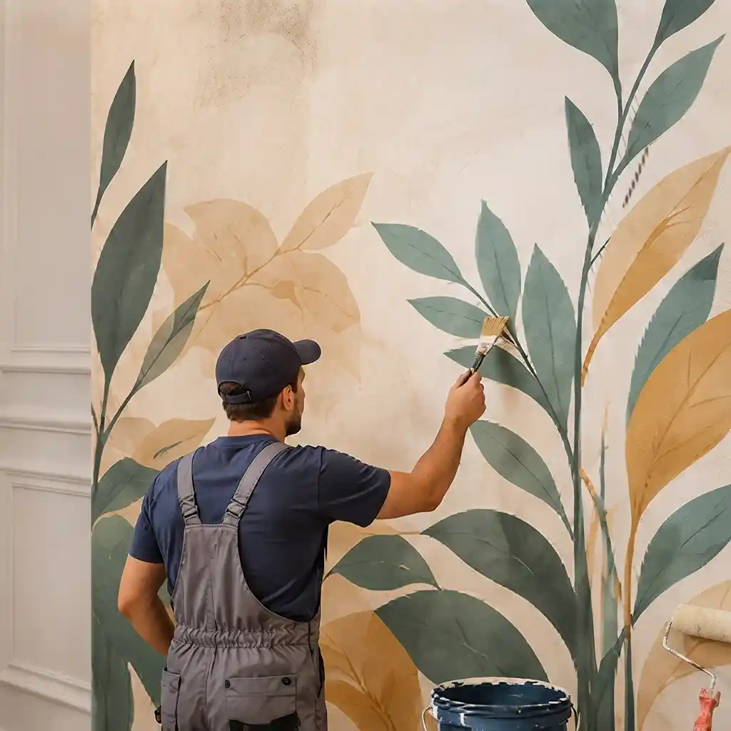 فنان يرسم جدار غرفة جلوس برسم ديكوري بألوان هادئة